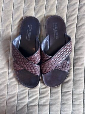 Steve Madden Dark Brown Leather Woven Cross-Strap Slide Sandals Size 11